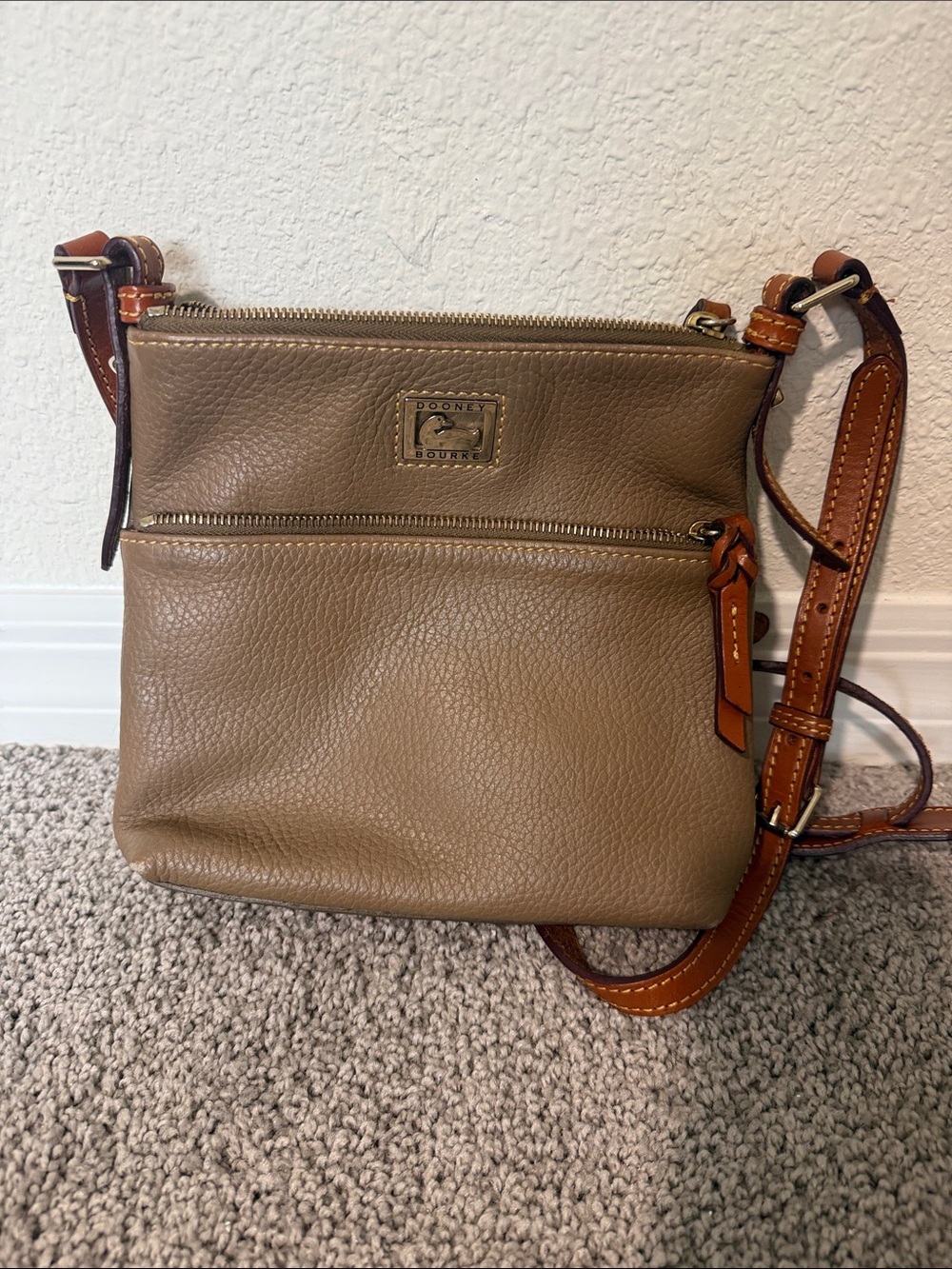 Dooney & Bourke Taupe Pebbled Leather Crossbody with Brown Trim